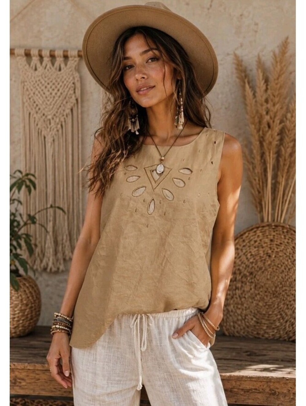LINO USA Women's Size M Top cutout/punch-out Sleeveless Brown Lined Blouse #CC